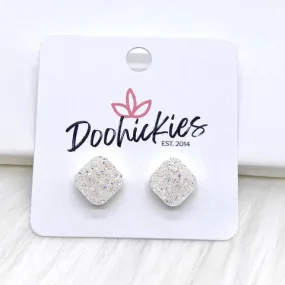 10mm Glitter Square Earrings - Shimmer White