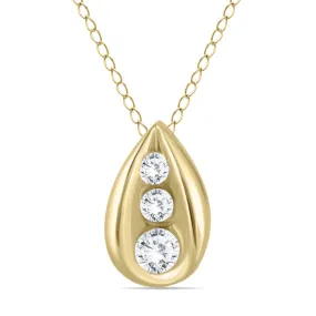 1/4 Carat Tw Three Stone Diamond Tear Drop Pendant In 14K Yellow Gold