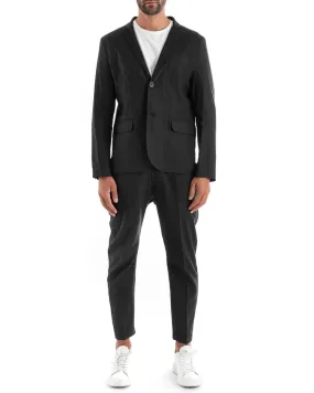 Abito Uomo Monopetto Vestito Lino Completo Giacca Pantaloni Nero Sportivo Elegante Cerimonia GIOSAL-OU2136A