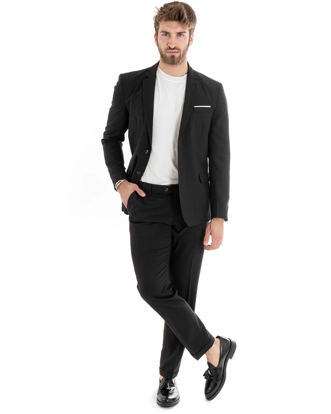 Abito Uomo Monopetto Vestito Viscosa Completo Giacca Pantaloni Nero Elegante Cerimonia GIOSAL-OU2276A