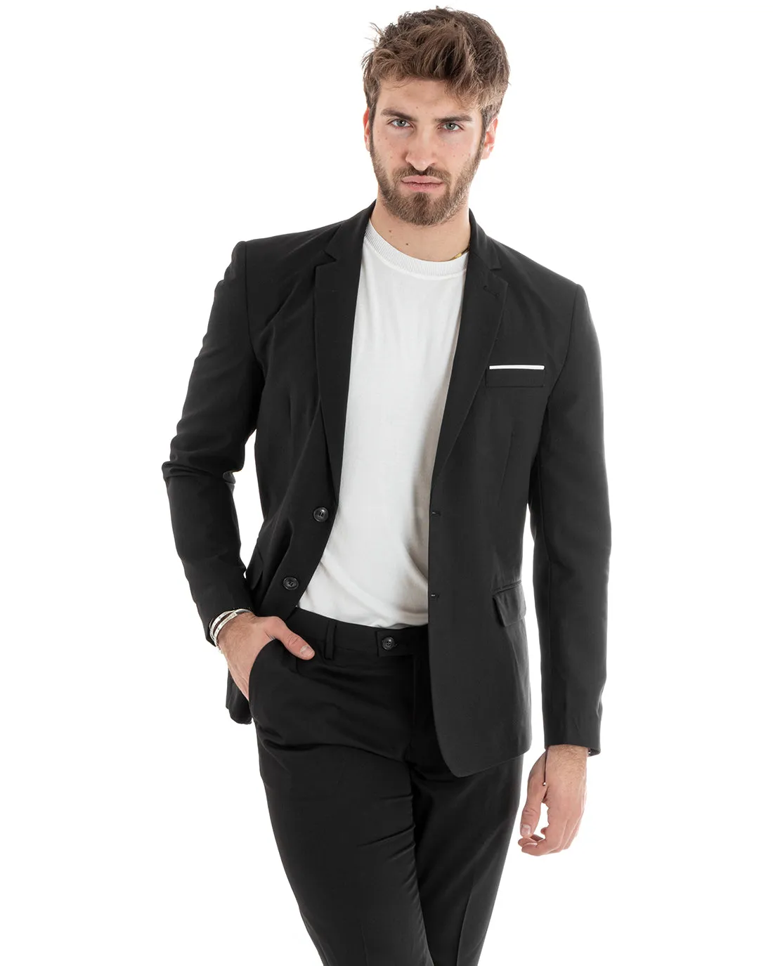 Abito Uomo Monopetto Vestito Viscosa Completo Giacca Pantaloni Nero Elegante Cerimonia GIOSAL-OU2276A