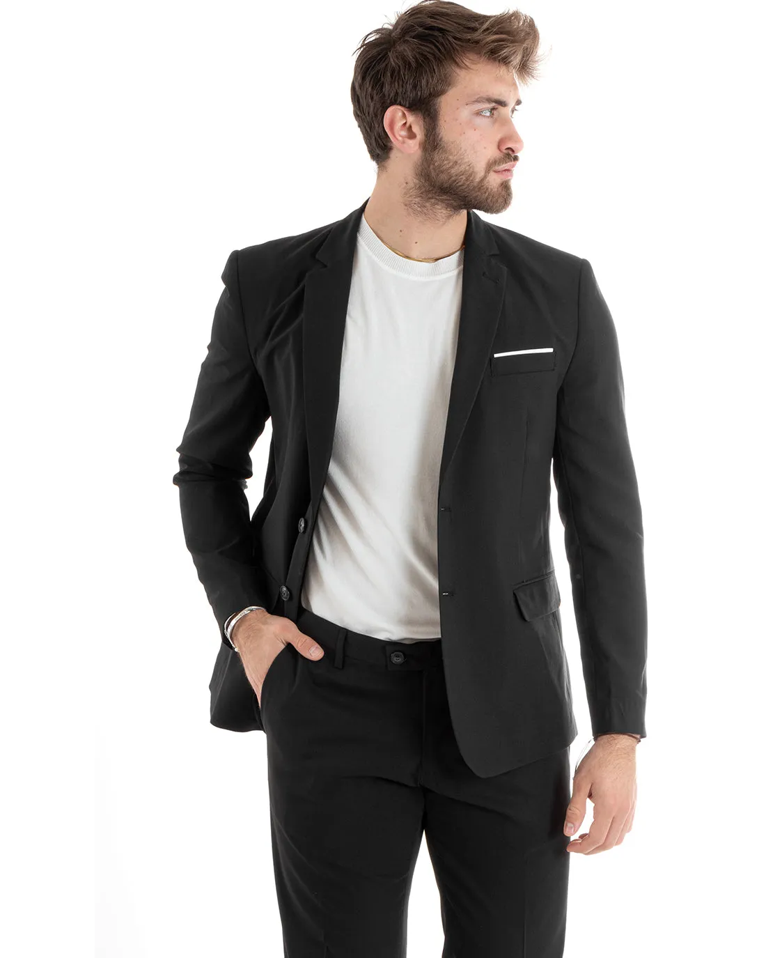 Abito Uomo Monopetto Vestito Viscosa Completo Giacca Pantaloni Nero Elegante Cerimonia GIOSAL-OU2276A