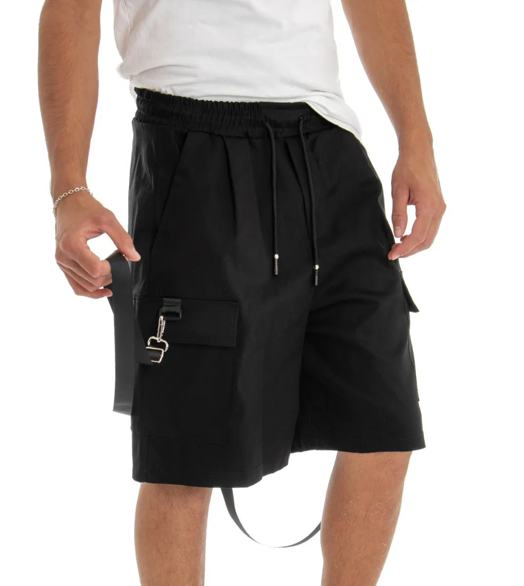 Bermuda Pantaloncino Uomo Shorts Tuta Nero Cargo Elastico GIOSAL-PC1557A