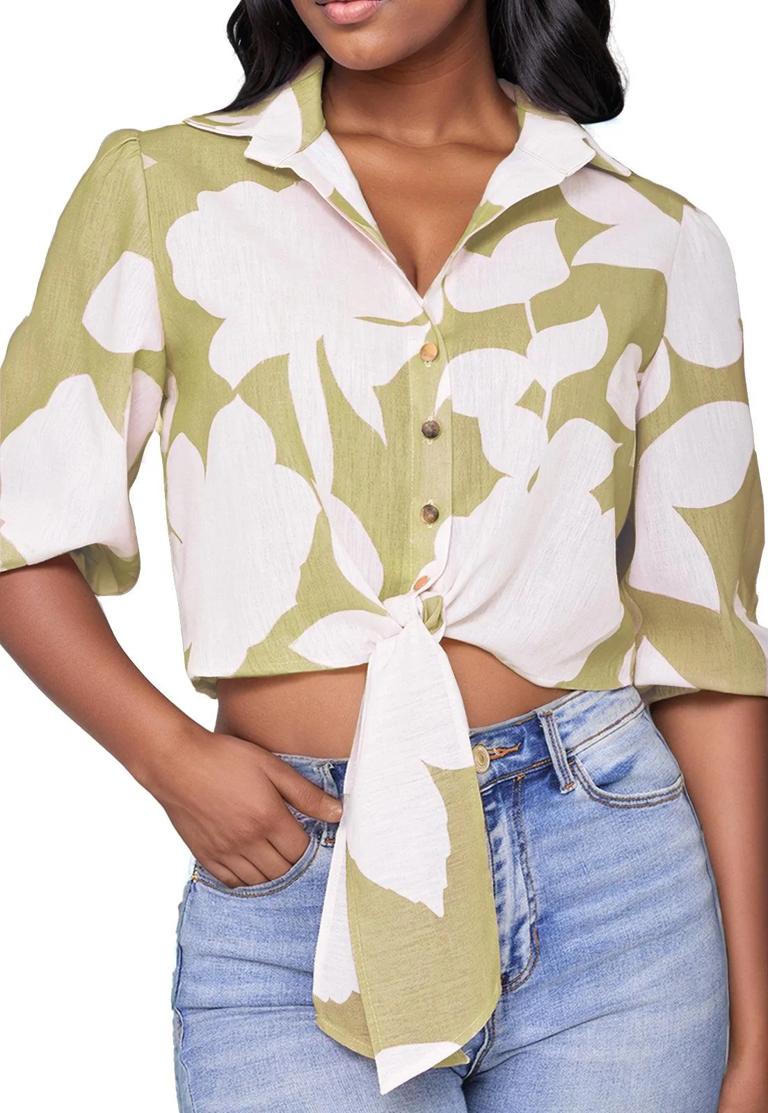 Camisa Crop Floral Manga 3/4 con botones