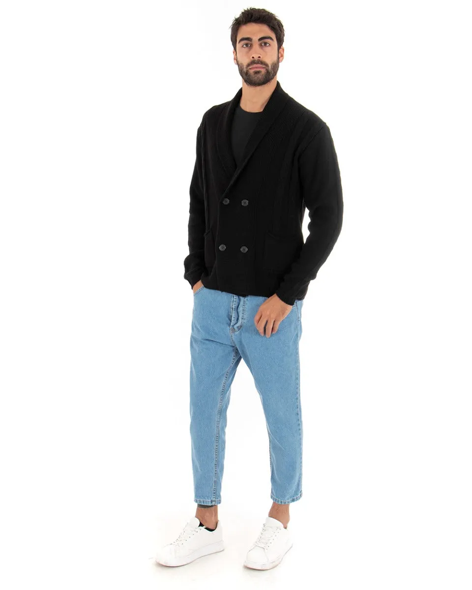 Cardigan Uomo Scollo V Maglioncino Doppiopetto Maglia Giacca Con Bottoni Nero GIOSAL-M2430A