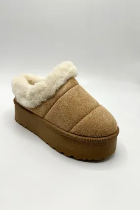 Felpa Faux Fur Quilted Flatform Slippers in Sand