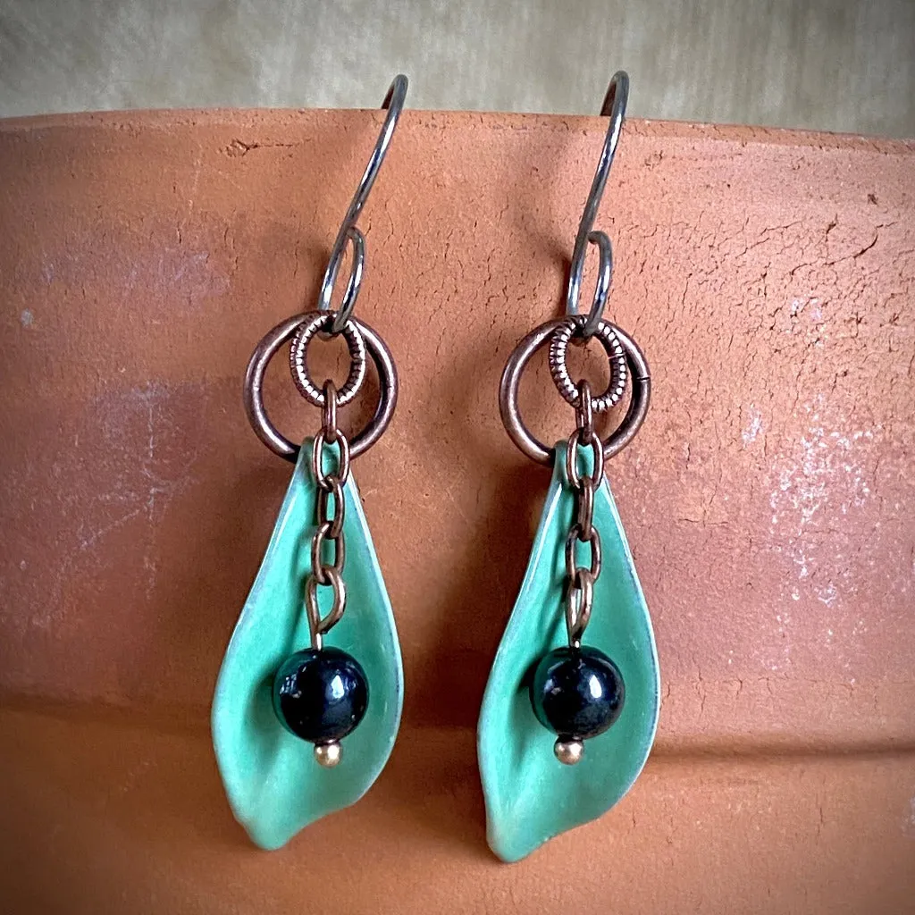 Shungite & Lime Green Willow Leaf Earrings, Hand-Enameled Copper