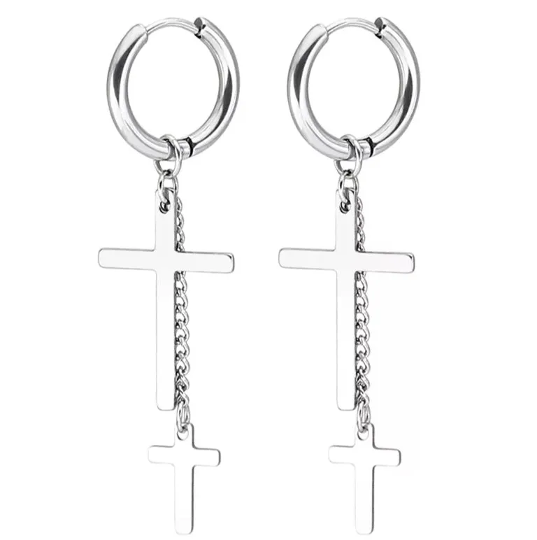 Stainless Steel Cross Chain Dangled Hoop Earrings